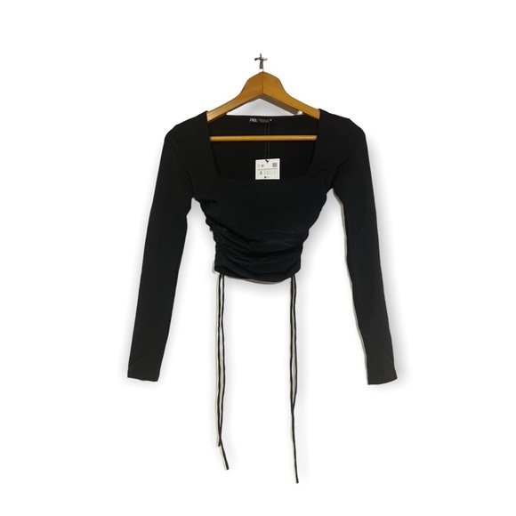 Zara Black Square Neck Ruched Gathered Sides Long Sleeve Crop Top SZ S N… - Picture 5 of 11